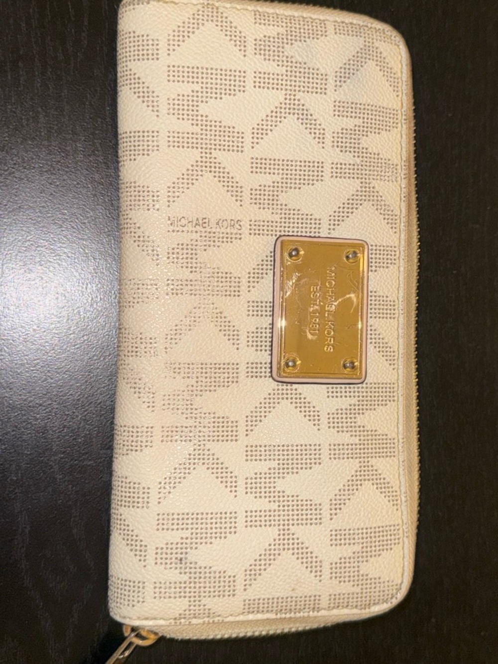 Michael Kors Cream Logo Zip-Around Wallet with Gold Plaque